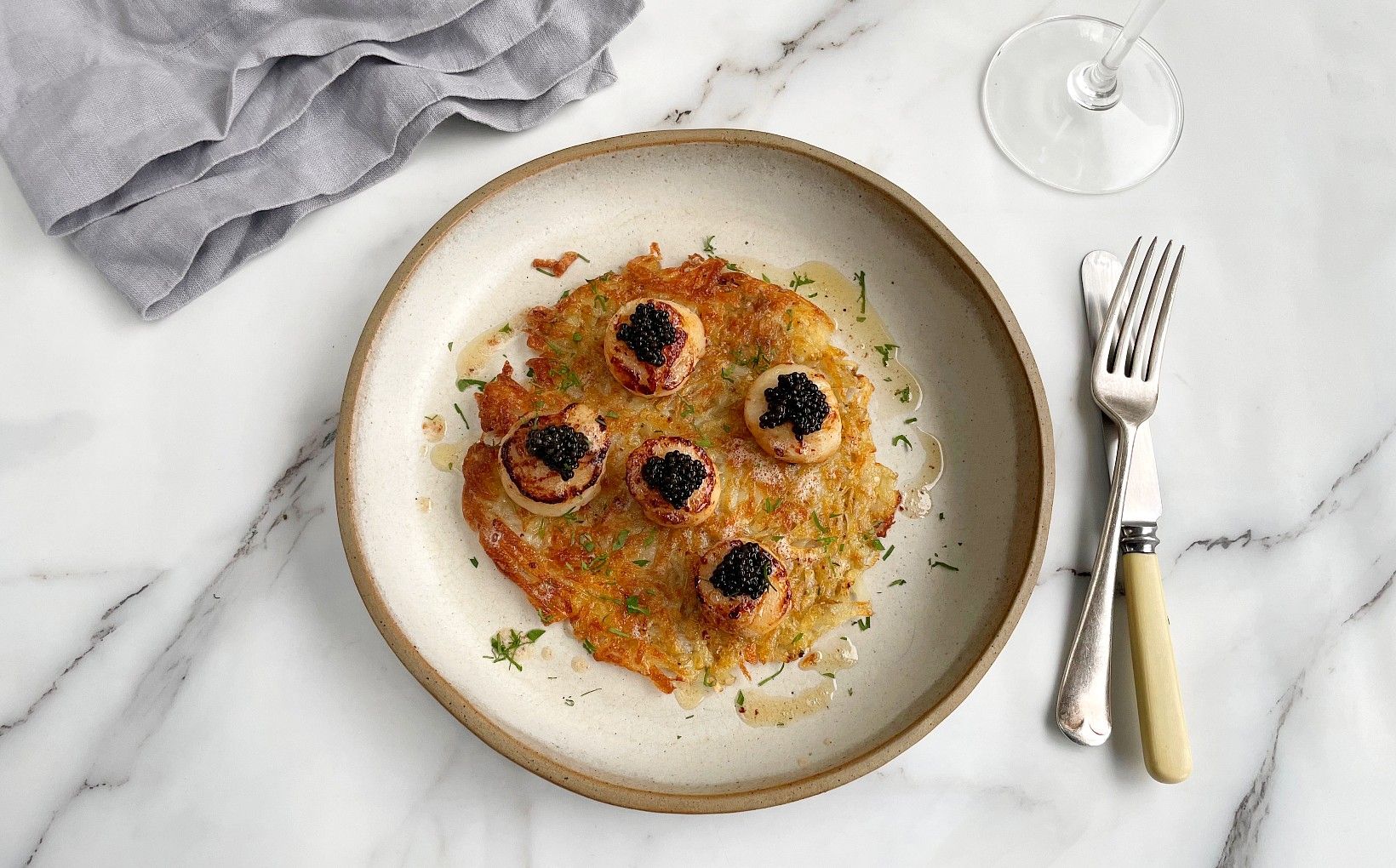 Scallops with Oscietra Caviar and Potato Rosti