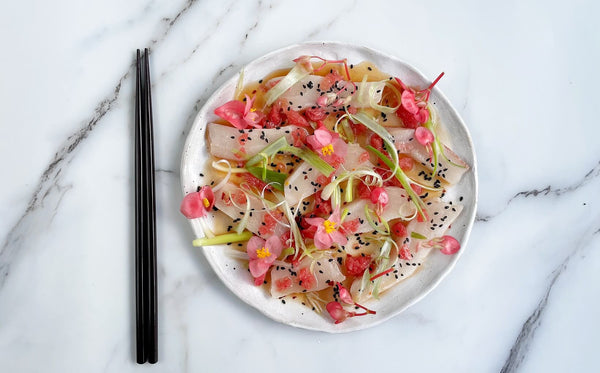Hiramasa Loin Sashimi with Grapefruit Dressing and Apple Blossom