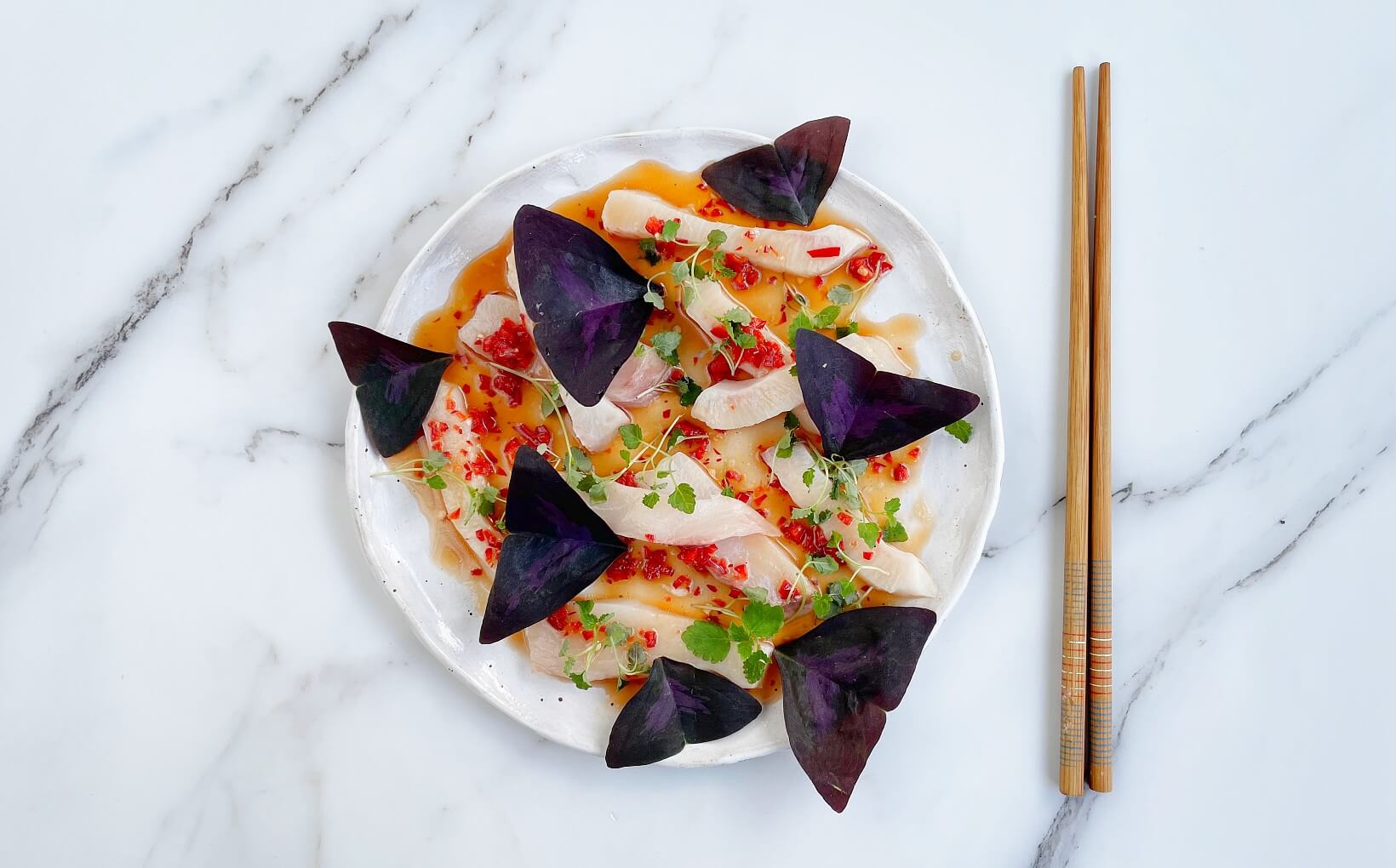 Hiramasa Loin Sashimi with Lemon Balm and Red Butterfly Sorrel