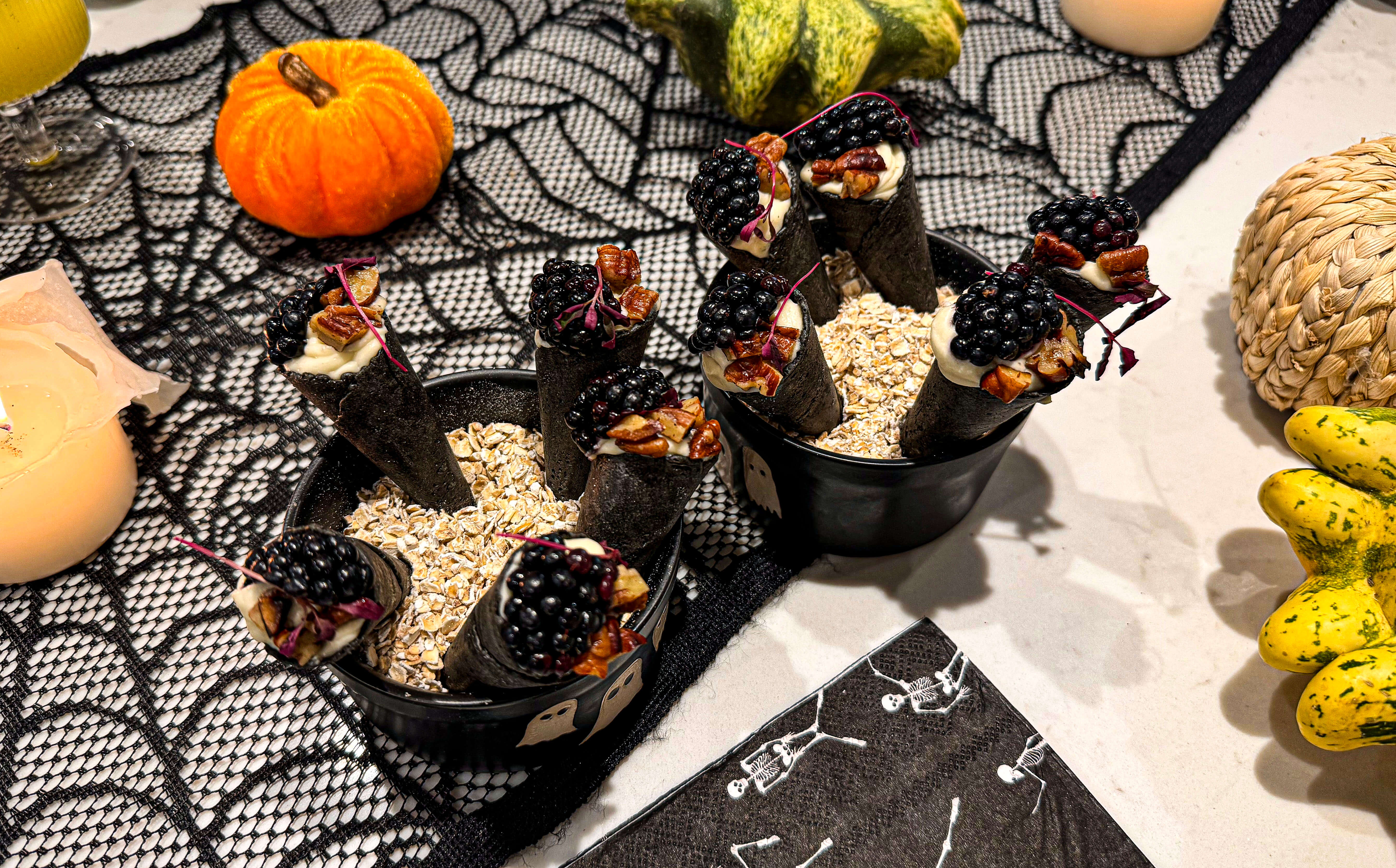 Whipped Gorgonzola, Blackberry and Amaranth Charcoal Canapé Cones