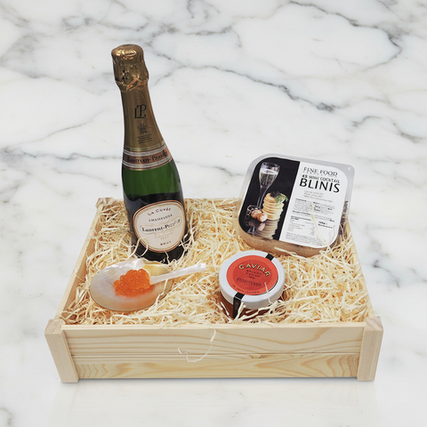 Salmon Caviar & Champagne Gift Set on White Marble