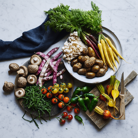 Seasonal Vegetable Box on white marble