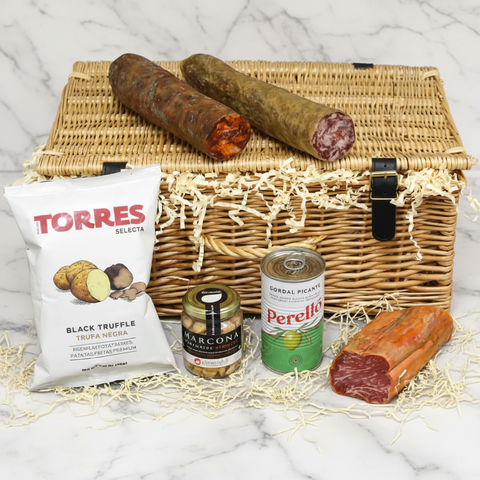 Spanish Charcuterie Hamper on White Marble